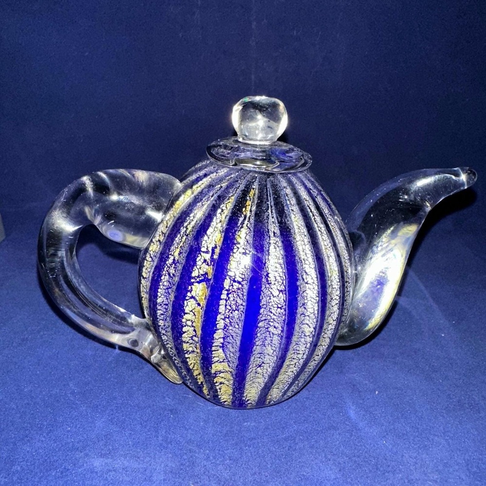 Dale Tiffany Teapot Art Glass Blue Stripes Millefiori Hand Blown Paperweight